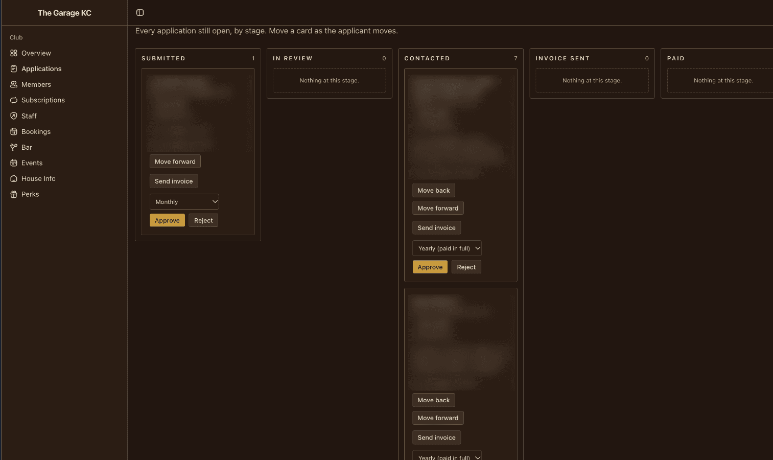Owners portal, Applications view: applicant cards in Submitted, In review, Contacted, Invoice sent, and Paid columns, with plan picker, Send invoice, Approve and Reject. Applicant details blurred.