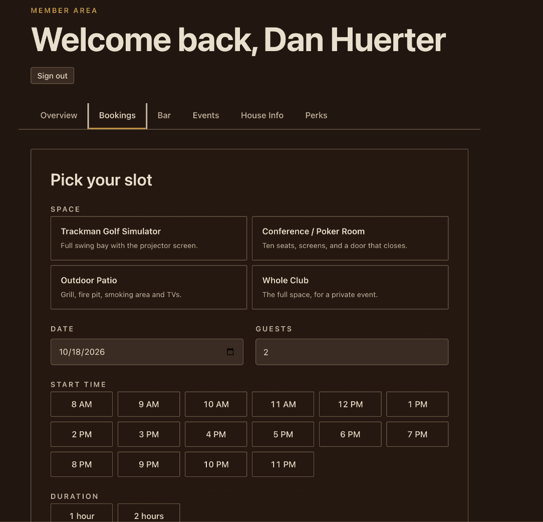 Members portal, Bookings tab: pick a space (Trackman Golf Simulator, Conference / Poker Room, Outdoor Patio, Whole Club), then date, guests, start time, and duration