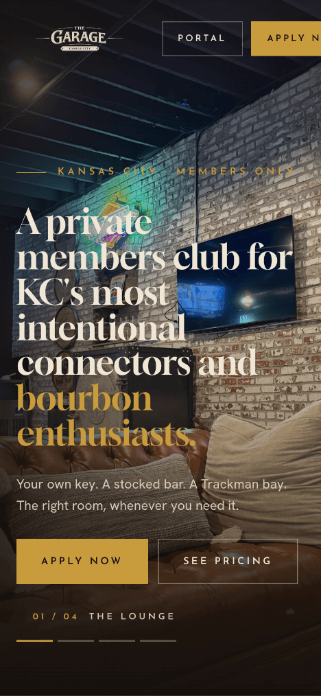 The Garage KC homepage on mobile
