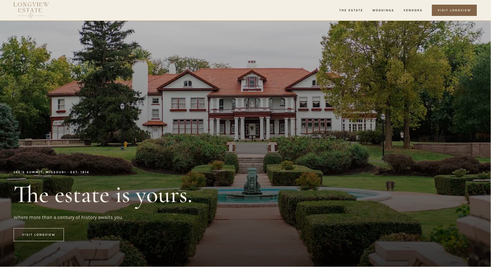 Longview Estate website homepage: the historic mansion and sunken garden fountain